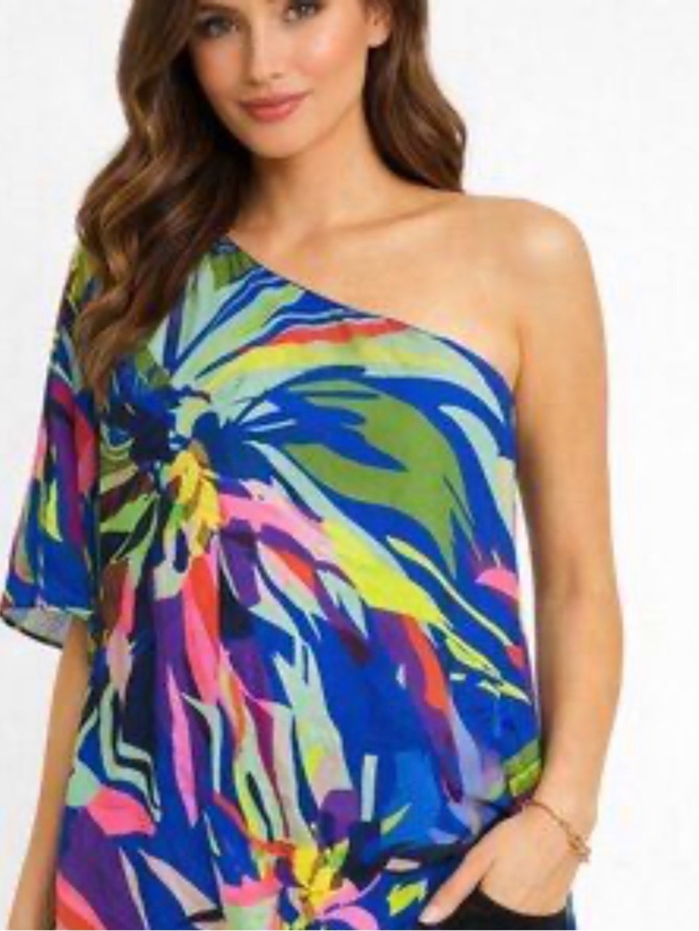 Gibson * Latimer Tropical Oasis One-Shoulder Multicolor Floral Blouse 1X NWT